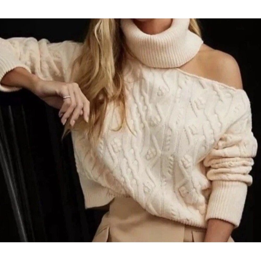 PAIGE Raundi Cable Knit Turtleneck Crop Sweater Cut Out Shoulder Cream Sz XS